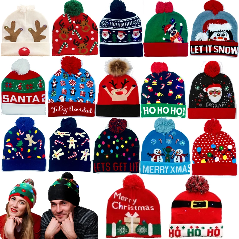 NEW! Christmas Hats Creative Flashing Led Light Elk Knitted Beanie Hat Winter Warm Color Knitted Cap Christmas Gift New Year Xma