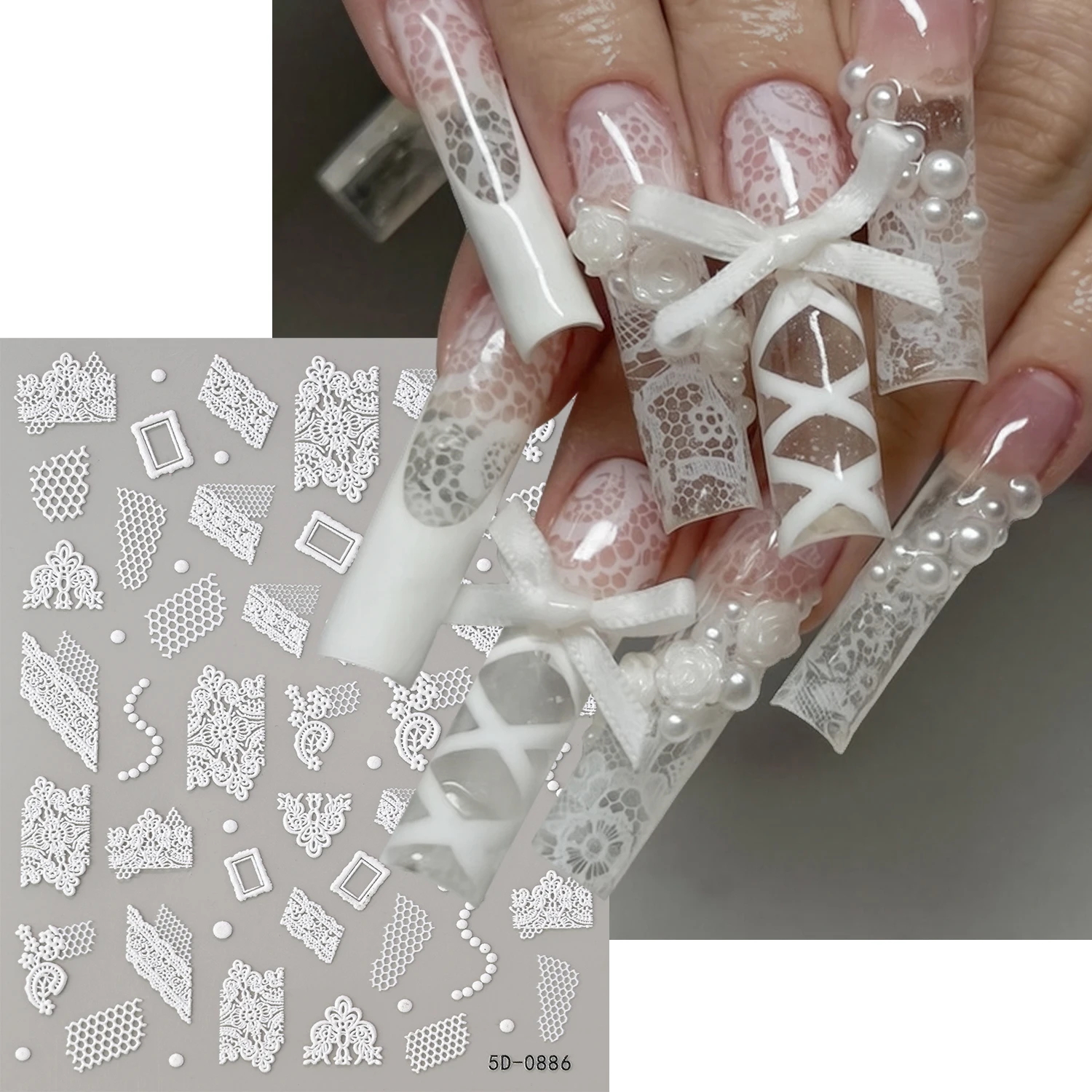 1Pcs 5D Embossed White Lace Nail Stickers Hollow Floral Pearl Bow Frame Nail Decals DIY Manicure Decor For Wedding Party Bridal*