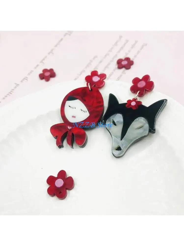 

T21F Wolf and Little Red Shaped Earrings Acrylic Material Perfect Gift for Girl