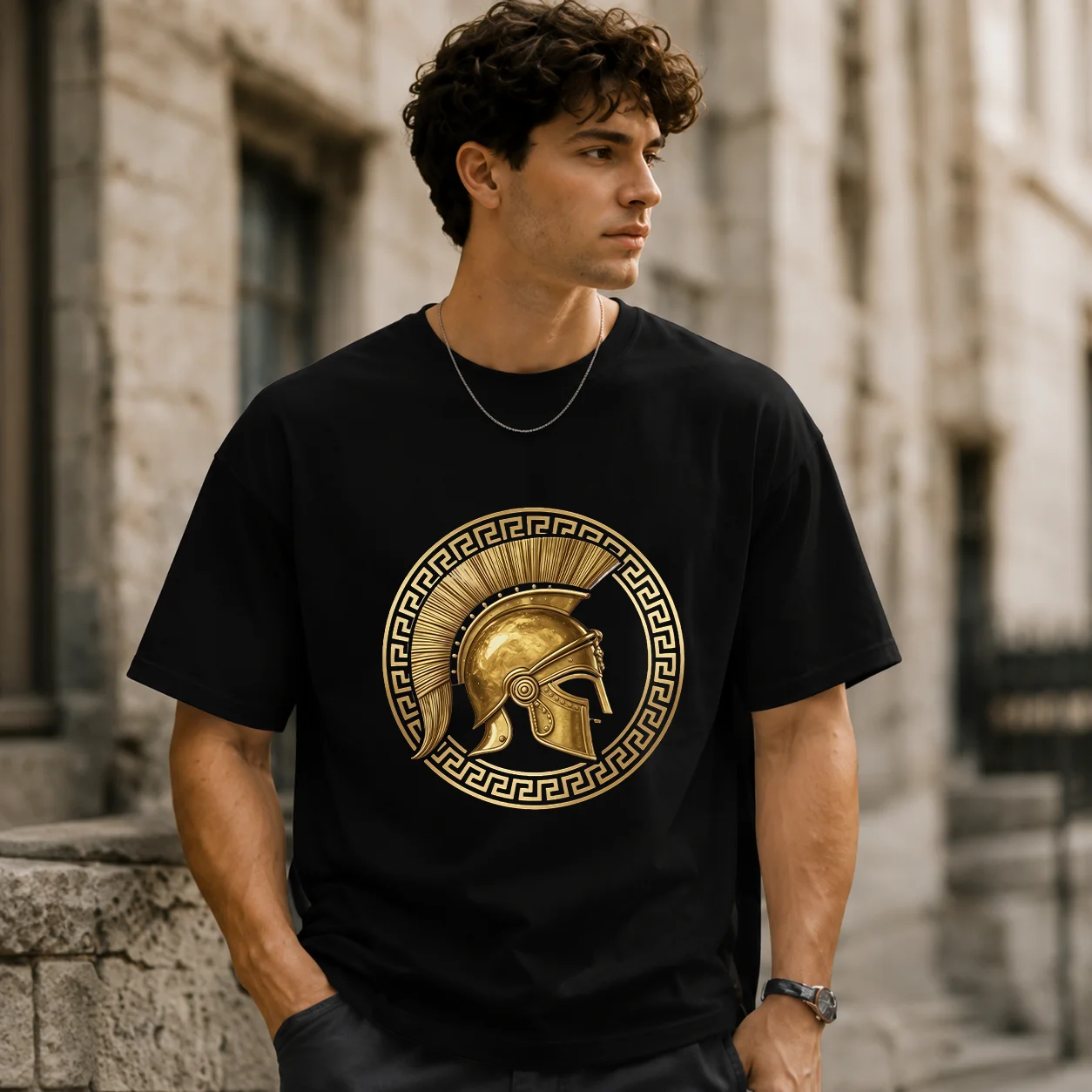 Camiseta estampada para hombre con diseño de casco espartano, gladiador dorado, Esparta, gimnasio griego - 100% algodón, cuello redondo, manga corta.