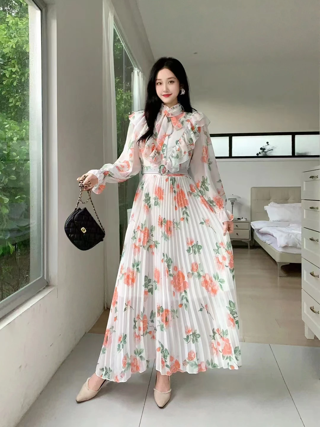 2023 New Spring Autumn Women Long Sleeve Belt Slim Long Dress Sweet Ruffles Patchwork Pleated Big Hem Chiffon Floral Dress