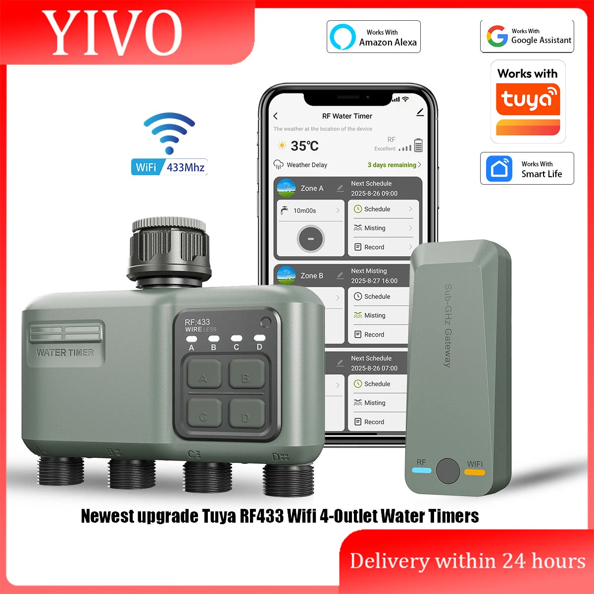 Wifi RF433 Smart Garden Sprinkler Water Timer 4-Outlet Rain Delay Filter Programmable Automatic Irrigation Controller for Tuya