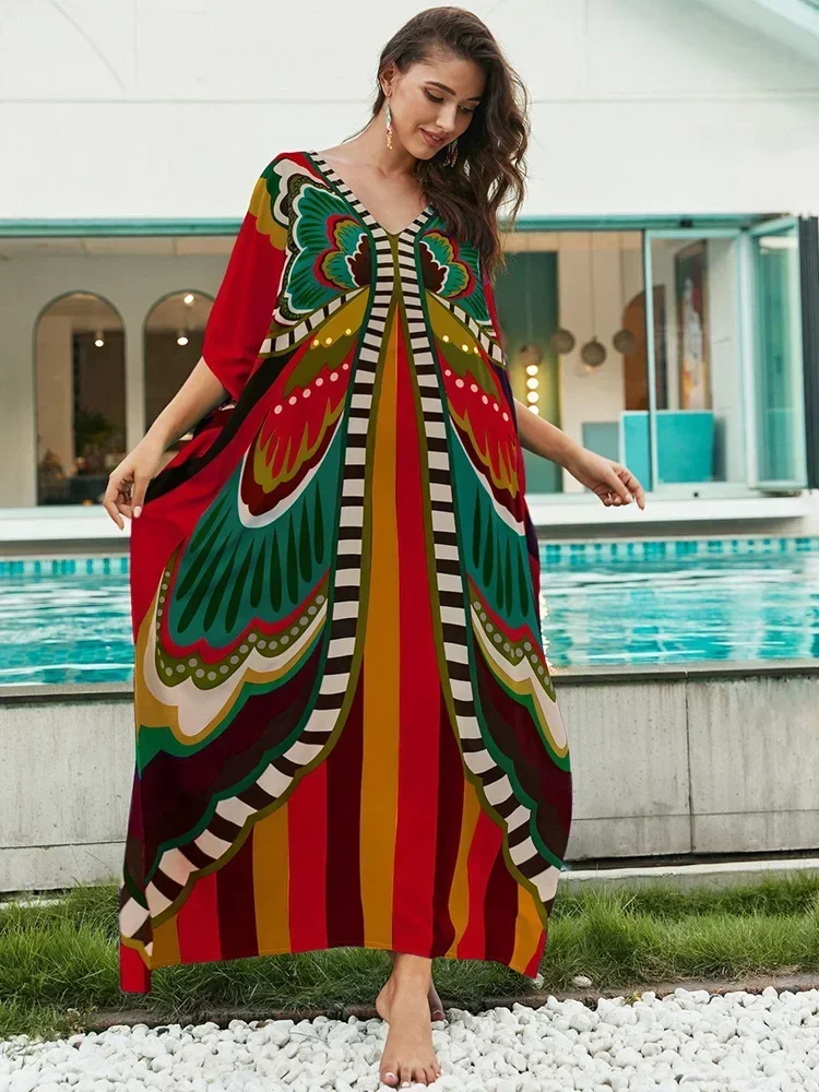 2025 جديد التباين اللون المطبوعة الشاطئ التستر المرأة بيكيني التستر الخامس الرقبة المتضخم شاطئ فستان طويل صيف 2025 رداء الموضة