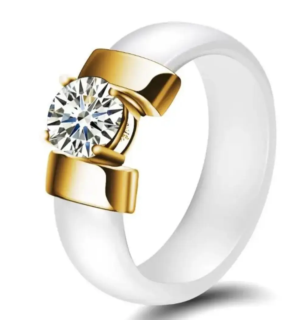 Weiß Schwarz Keramik Ringe Plus Zirkonia Für Frauen Gold Farbe Edelstahl Frauen Ehering Verlobungsschmuck 6mm – Detail 11