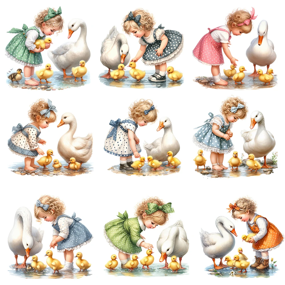 

20cm Cartoon Rural Style Girl Goose Animal Iron On Heat Transfer Sticker For Clothes Pinted Vinyl Thermal Washable T-Shirt Decal