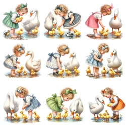 20cm Cartoon Rural Style Girl Goose Animal Iron On Heat Transfer Sticker For Clothes Pinted Vinyl Thermal Washable T-Shirt Decal