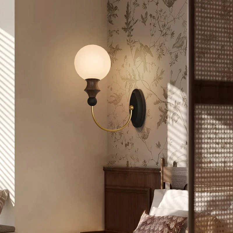 Wabi sabi Solid Wood Wall Lamp With Glass Lampshade for Bedroom Bedside Lights Dining Room Living Room Aisle Indoor Lighting image 2