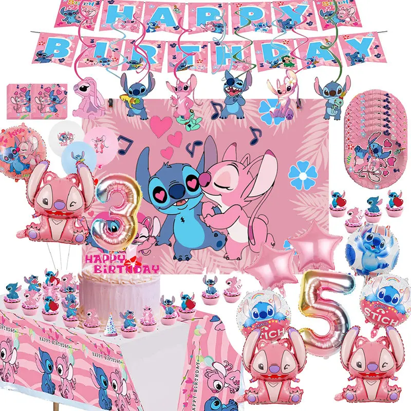 Disney Pink Stitch Birthday Party Decorations Disposable Tableware Paper Plates Cups Backdrop Lilo&Stitch Baby Shower Supplies