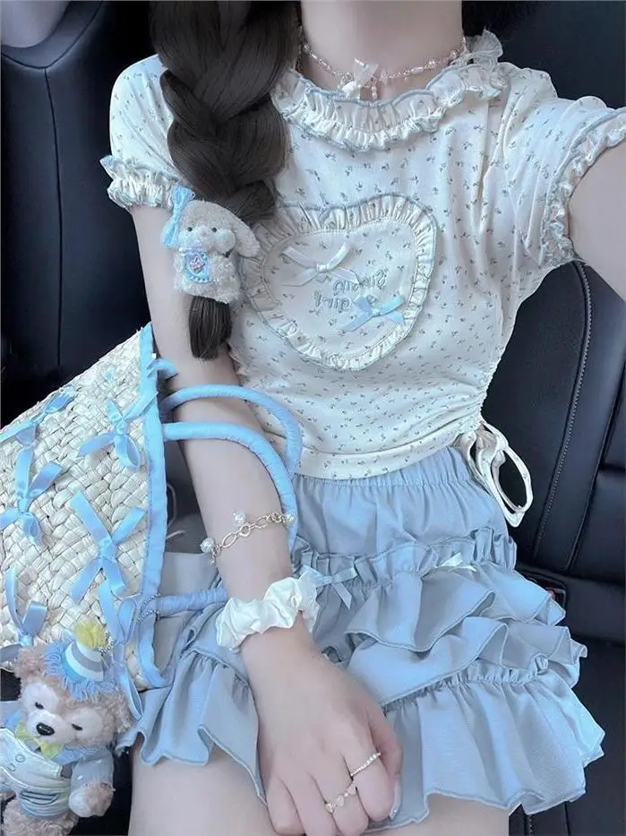 Verão querida y2k floral ort sve camiseta e saia azul conjunto para mulheres jovens roupa fracionável e fofa