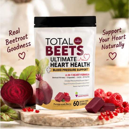 4‑in‑1 Beets Complex Chewable Gummies,With Beetroot Nitrates Grapeseed CoQ10 & B‑Vitamins,Pomegranate Berry Flavor,60 Gummies