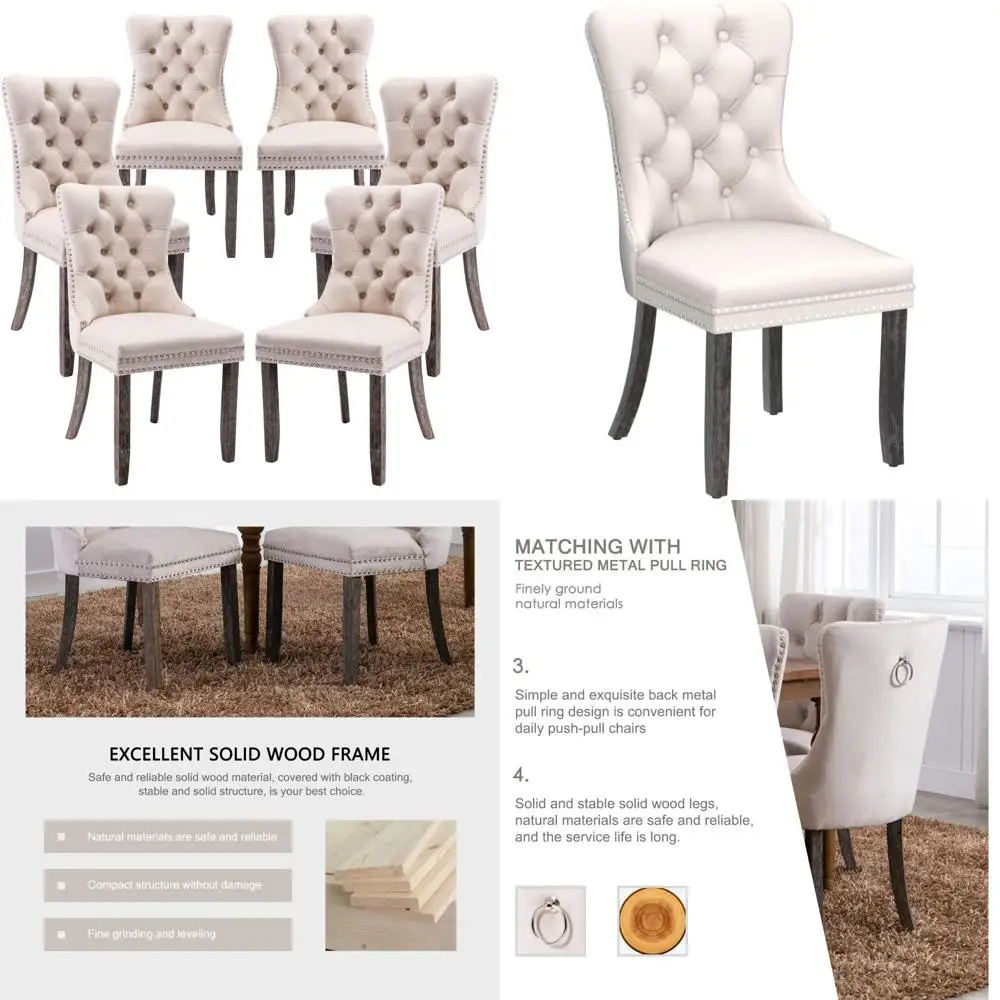 مجموعة من 6 كراسي طعام مخملية معنقدة مع تصميم خلفي بأزرار وزخرفة رأس الأظافر وتنجيد لاستخدام المطبخ