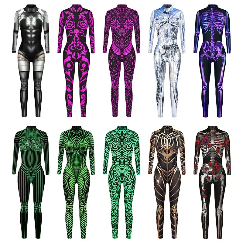 

Women Multicolour Skeleton Printed Costume Front Zipper Zentai Bodysuit Onesie Halloween Party Jumpsuits Carnival Holiday Outfit