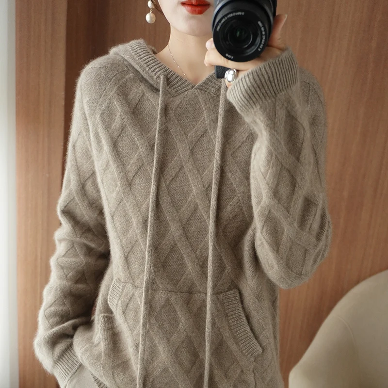 

2022 Spring Winter 100% Pure Wool Sweater Women Knitted Hooded Pullovers Loose Lady's Grade Up Jumper Long Sleeve Soft Warm Tops