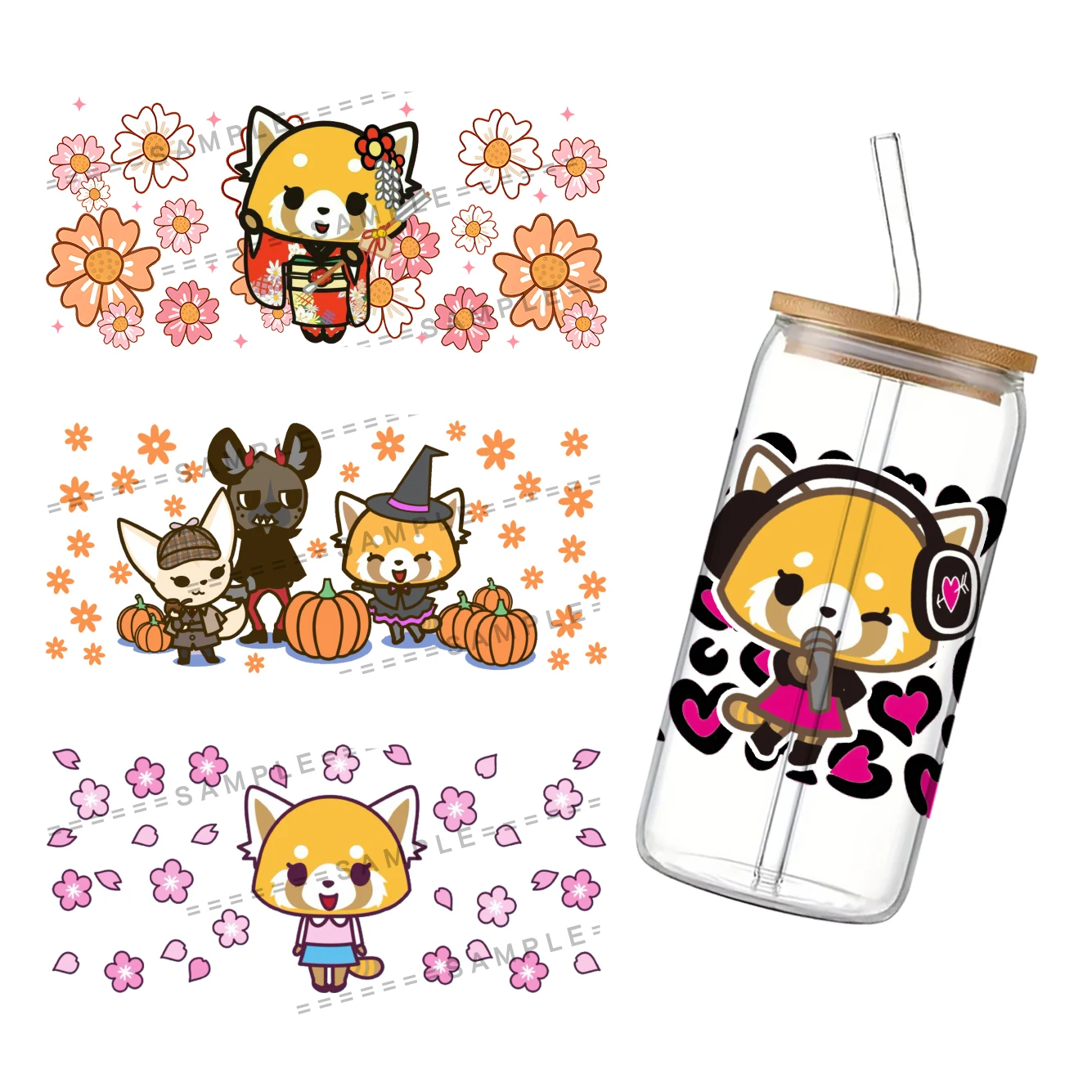 Sanrio Aggretsuko UV DTF Cup Wrap Transfer Sticker for 16 Oz Glass Coffee Cups UV DTF Transfer UV Transfer Crystal Sticker