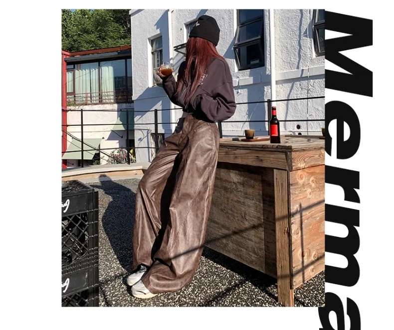 Lautaro Spring Long Loose Casual Soft Distressed Brown Pu Leather Wide Leg Pants for Women High Waist Korean Style Fashion 2024
