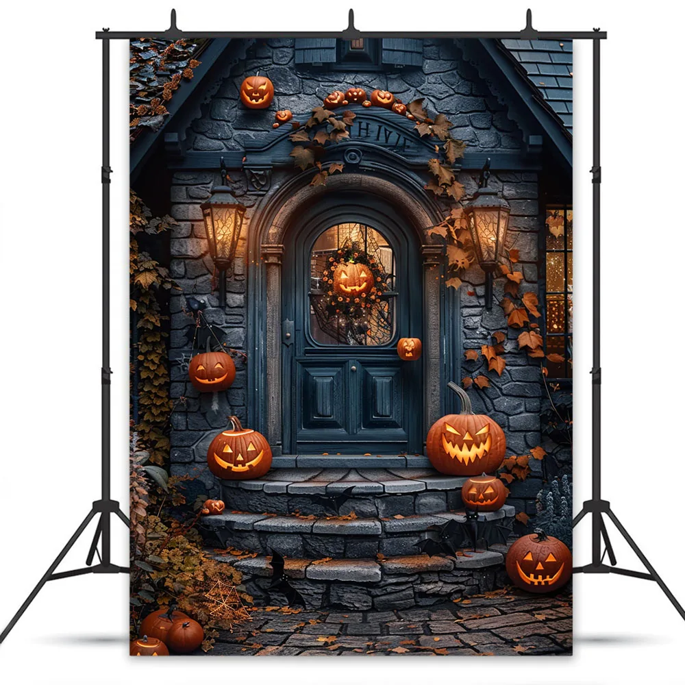 Halloween Night Background Photography Horror Haunted House Pumpkin Lantern Black Stone Road Backdrop Kids Holiday Party Studio