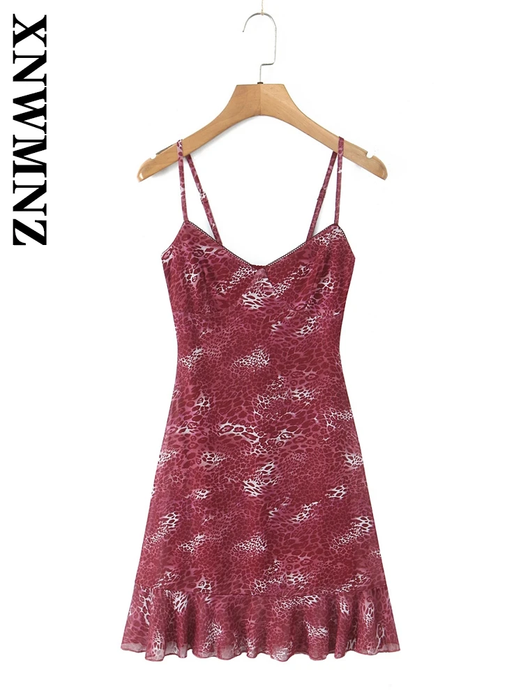 

XNWMNZ 2025 Summer New Lady Chic Dresses Top Casual Woman V-Collar Sleeveless Slip dress Ruffles Regular Fit Mini Skirt LEOPARD