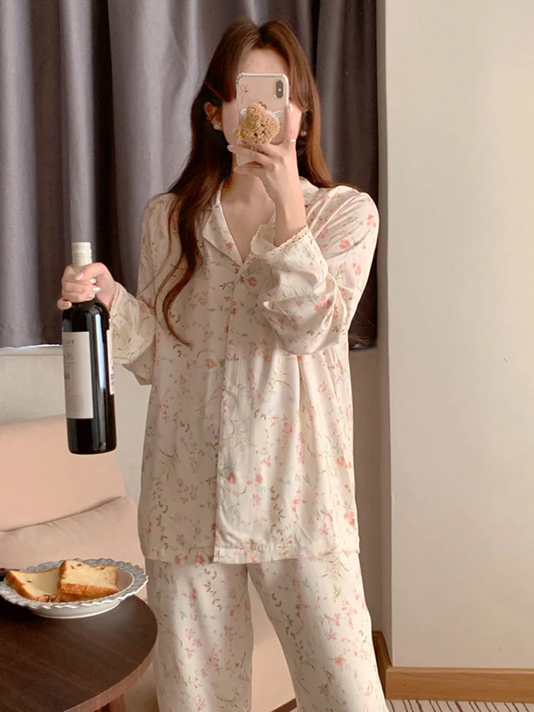 Sweet Print Flowers Korean Style Soft Floral Autumn Long Sleeve Pajama Set Women Loose Elegant Casual Comfortable Sleepwear Ins