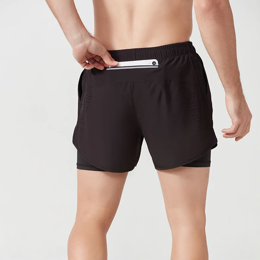 Black Breathable Running Shorts Anti Chafe Two Piece Shorts Men's Activewear Elastic Running Shorts Anti-Chafing Layer