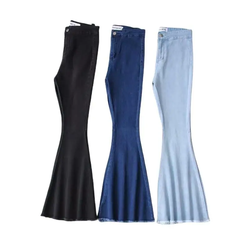 

High Waist Flared Jeans Elastic Splicing Women's Premium Quality Pants Blue Color European Style Patchwork Design mid Stretch