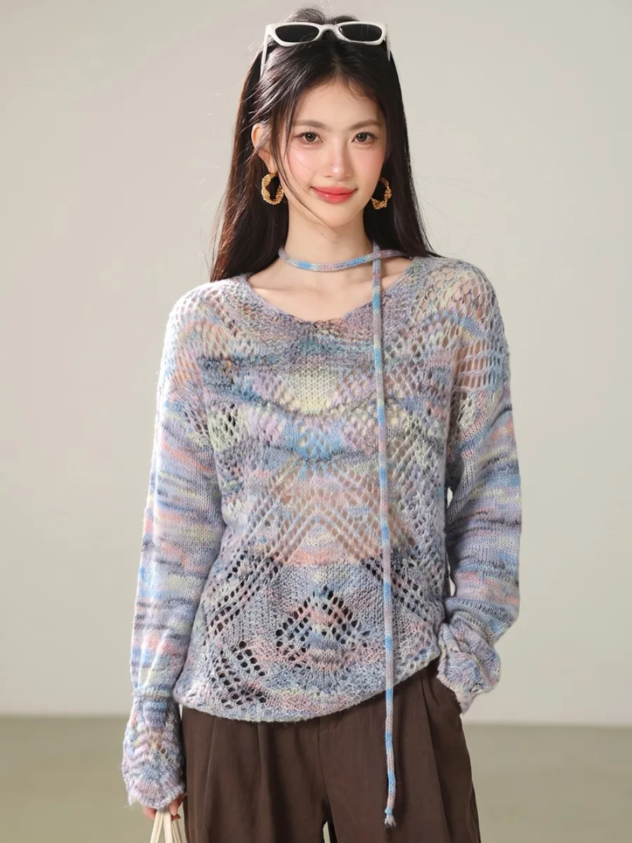 Gradient Color Knitted V-Neck Hollow out Long Sleeve Women's Sweater Loose Comfortable Spring Autumn Neck Hanging Silk Ribbon