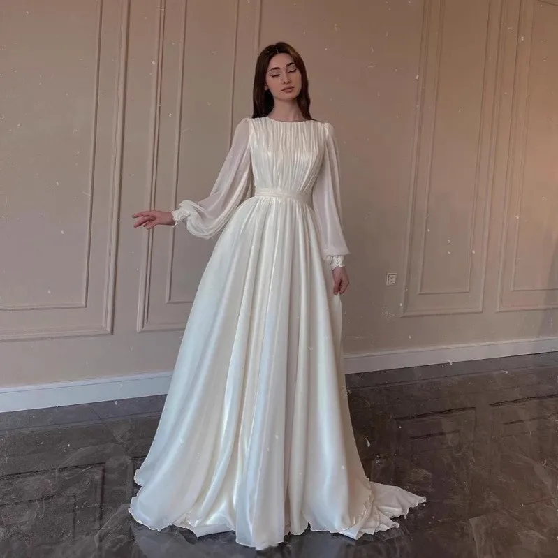 Round Neck Long Sleeve Gown Fitted Commuter with Princess Sleeve Elegant U Neck Zipper Closure Slim Fit Dress Summer for Women