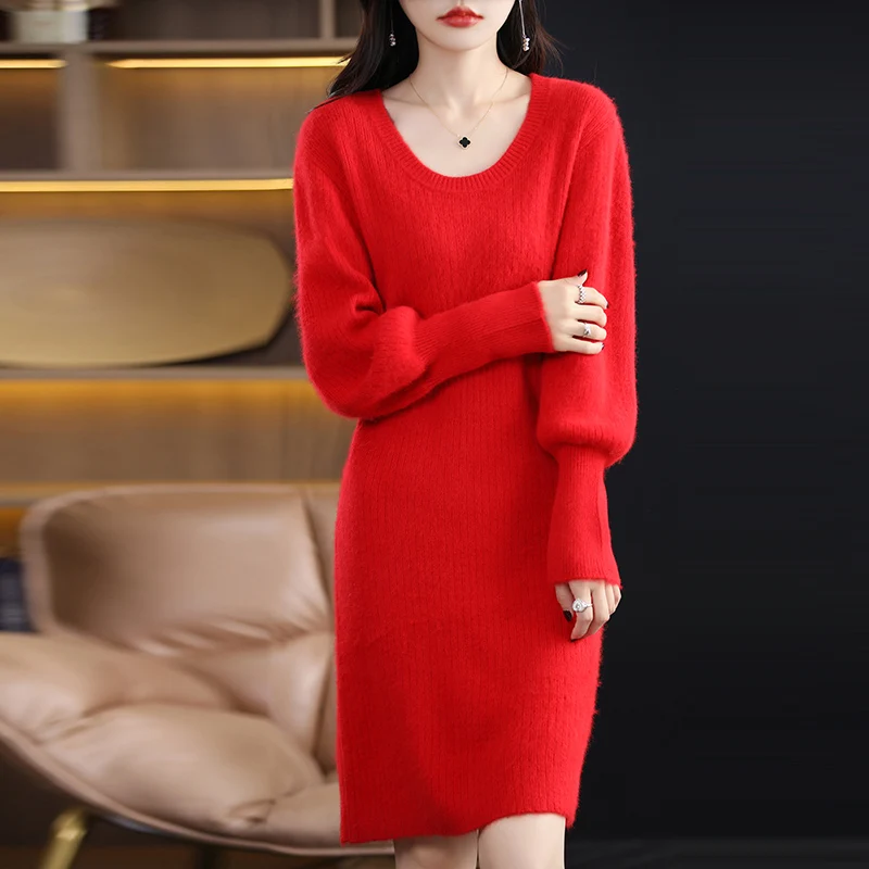 100% Mink Cashmere Long Sweater Women\'s Clothing O-Neck Jumper Casual Loose Knitted Top Autumn Winter Warm Dress Fashion Korean