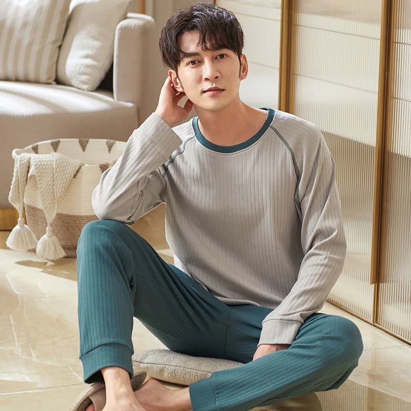 

Autumn Men Pyjama Set Full Cotton Pajama Suit Long Sleeve Gray Pijamas Hombre Sleepwear Winter Night Sleepwear Male Home Wear