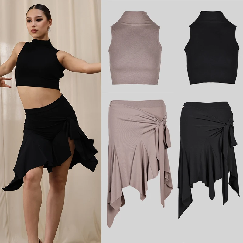 

Новинка 2024, костюмы для латинских танцев для женщин, сексуальные топы без рукавов, юбки с разрезом, наряды для взрослых и женщин, латинское платье DQS20456