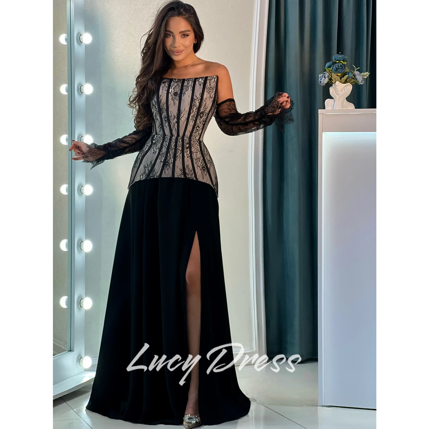 

Lucy Customized Women's Evening Dress Mermaid Vestidos De Festa Wedding Dresses for Parties فساتين سهرة Black Side Slit Prom
