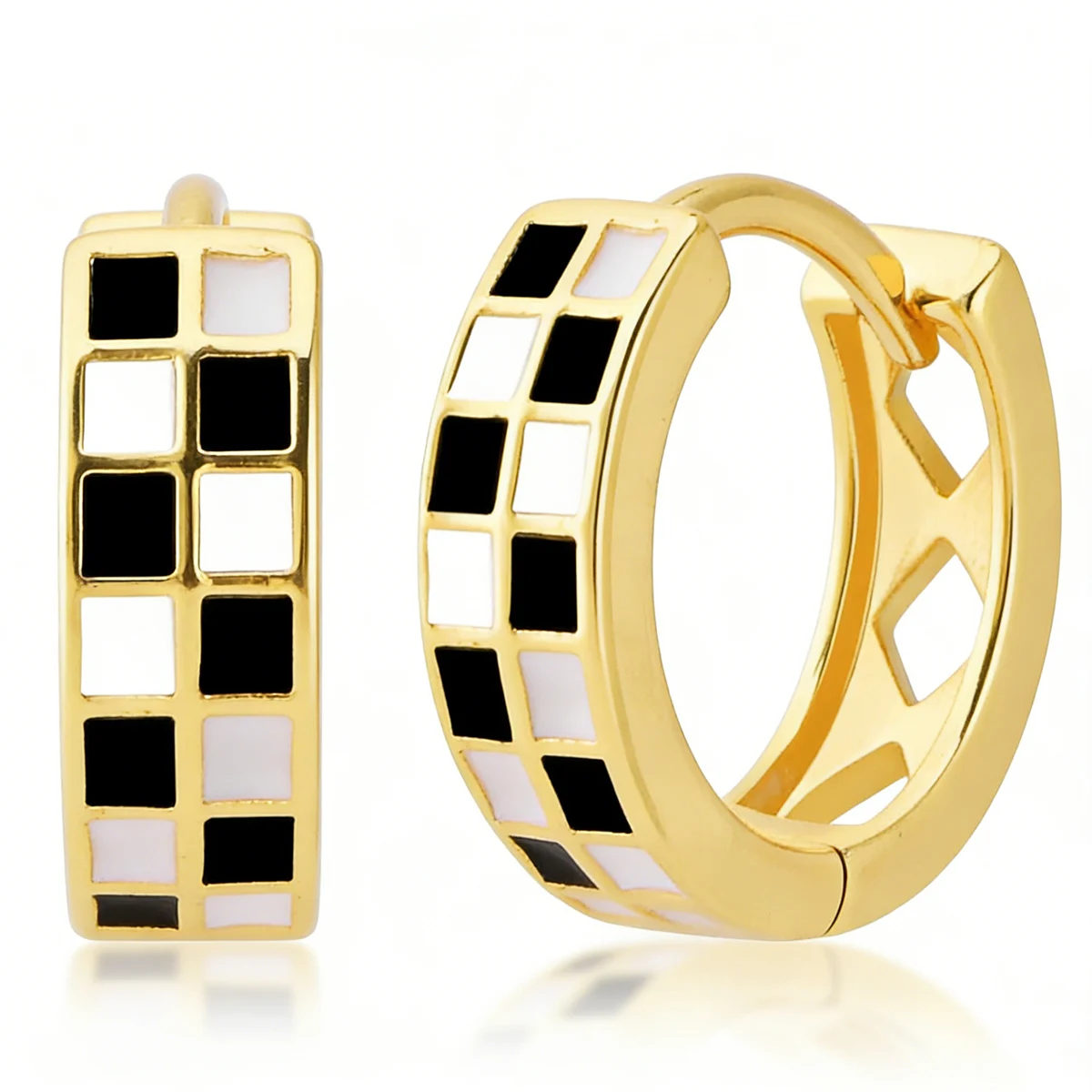 Women Tiny Checkered Hoop Earrings Black White Enamel Huggie Earrings 18K Gold Plated Hypoallergenic Piercing Jewelry Gift