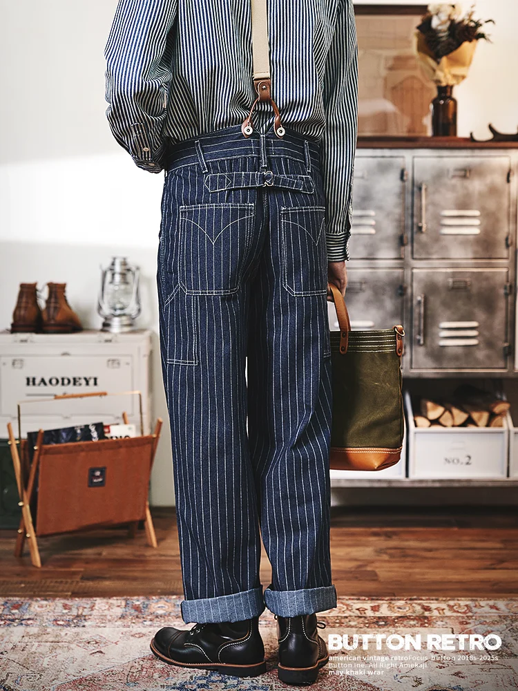 

American Retro Workwear Men's Loose Straight Leg Jeans Striped Utili Pants Faionable Ci Casual Cotton Blend Trousers