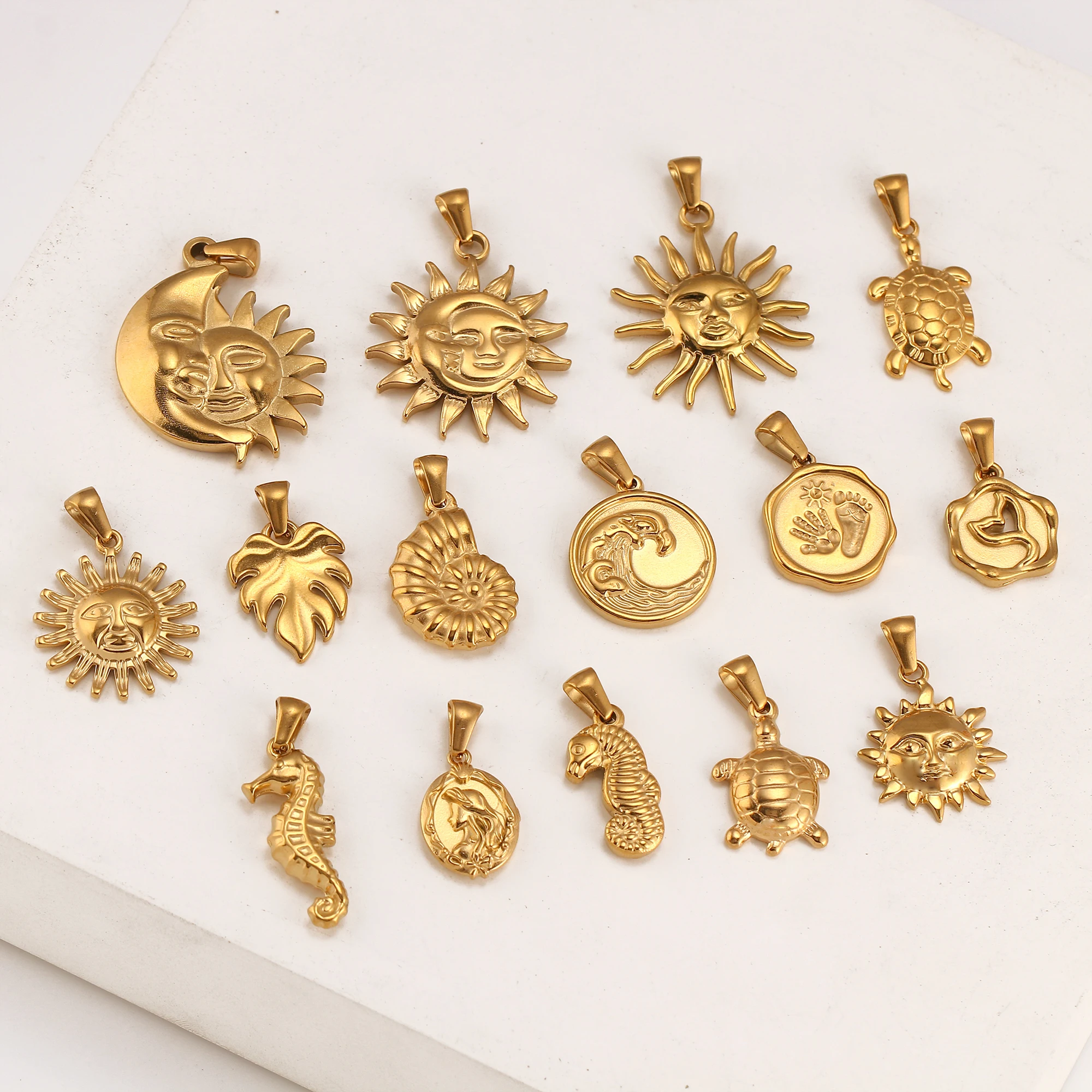 Emboss Face Moon&Sun Charms Stainless Steel Marine Animals Conch Turtle Pendant Jewelry Making Supplies DIY Necklace Accessories
