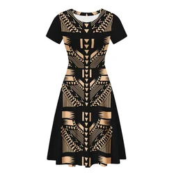 Fashion Summer Casual Women Dresses 2023 Black Golden Polynesian Tribal Clothing Samoa Fiji Tapa Print O Neck Office Ladies