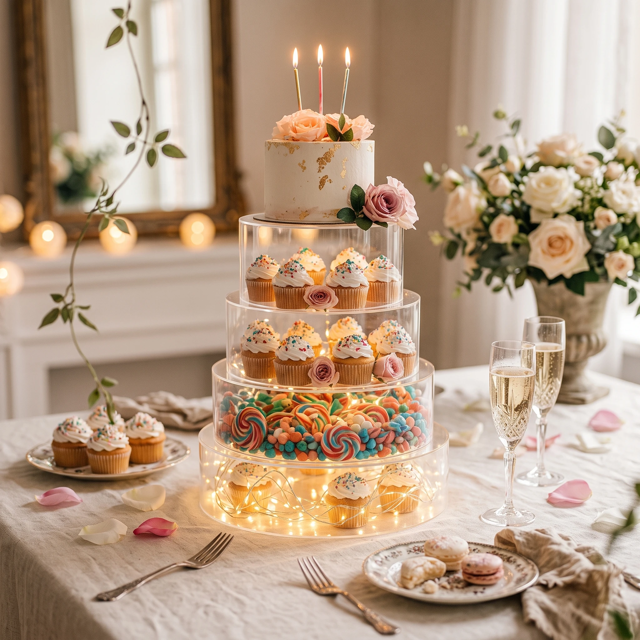 4 Pieces Cake Display Cylinder Transparent Acrylic Display Container Risers Reusable Easy to Clean for Bakers, Weddings