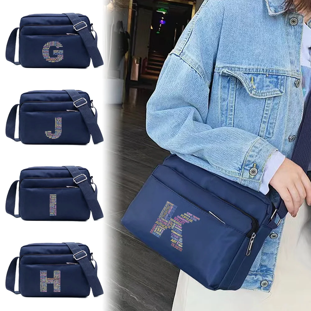 Text Letter Series Printing Pattern Large Capacity Travel and Commuting Storage Blue Bag Multi-layer One Shoulder Crossbody Bag