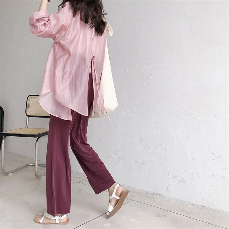 Summer Korean Fashion Button Up Thin Shirt Vintage Loose Blouse Women Long Sleeves Back Slit Chic Shirts Female High Street Tops