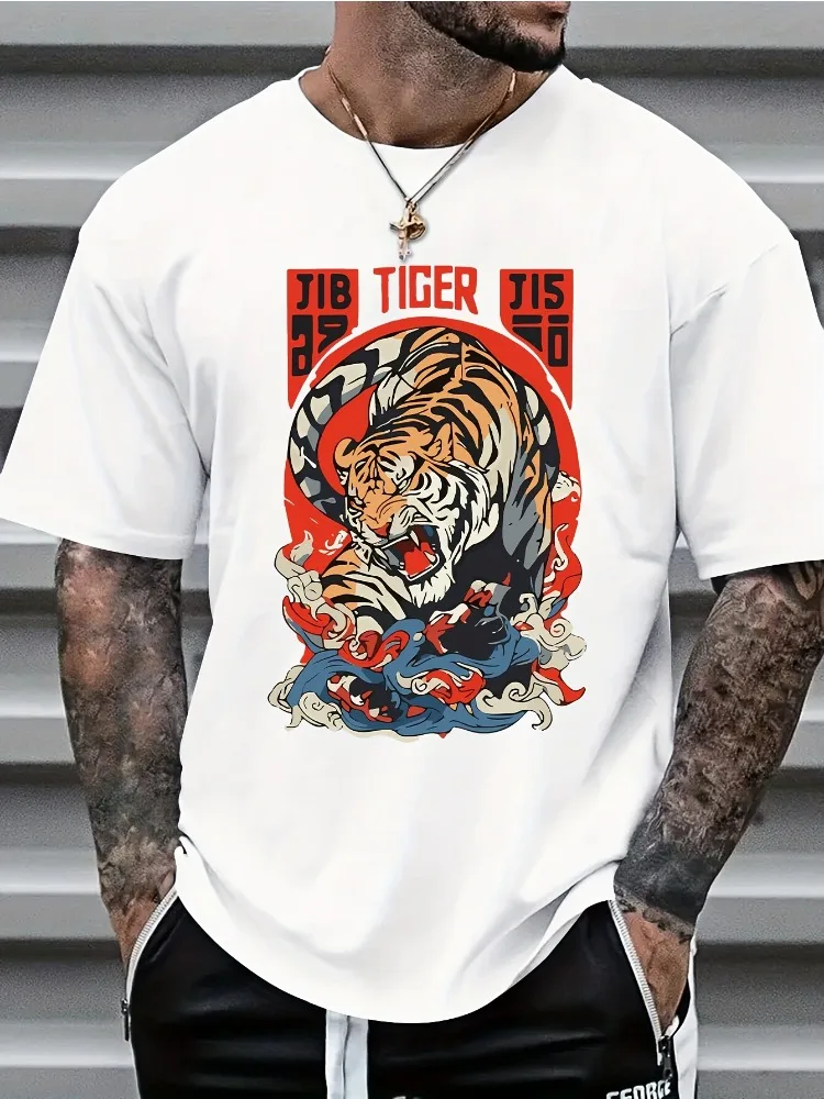 Mens White Crew Neck Short Sleeve T Shirt Oriental Wave Tiger Graphic Retro Streetwear Casual Summer Daily Tops For Young Male