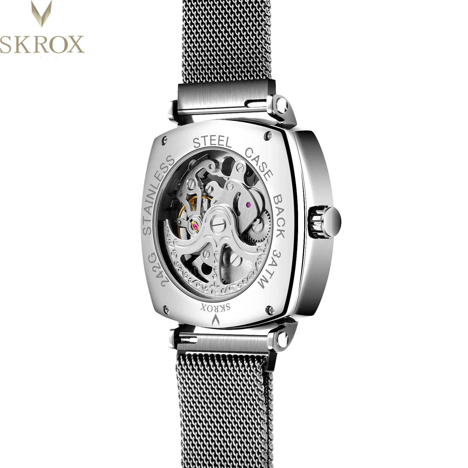 Original Luxury Brands Square Elegant Steel Skeleton Automatic Movement Man Watch Mechanical Wrist Watches Mesh Strap Clockwork