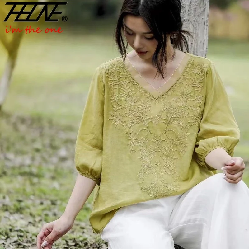 Fashion Woman Blouse 2023 Cotton Linen Casual Blusa Mujer Camisas Women's Clothing Summer Embroidery V-Neck Vintage