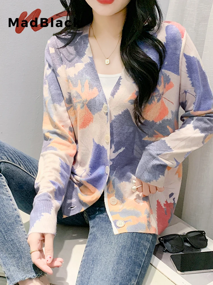 MadBlack-Women ヨーロッパの服 セーター、セクシーな V ネック プリント、作業服長袖ルーズ カーディガン ニットウェア、2025 冬 C5D236CC