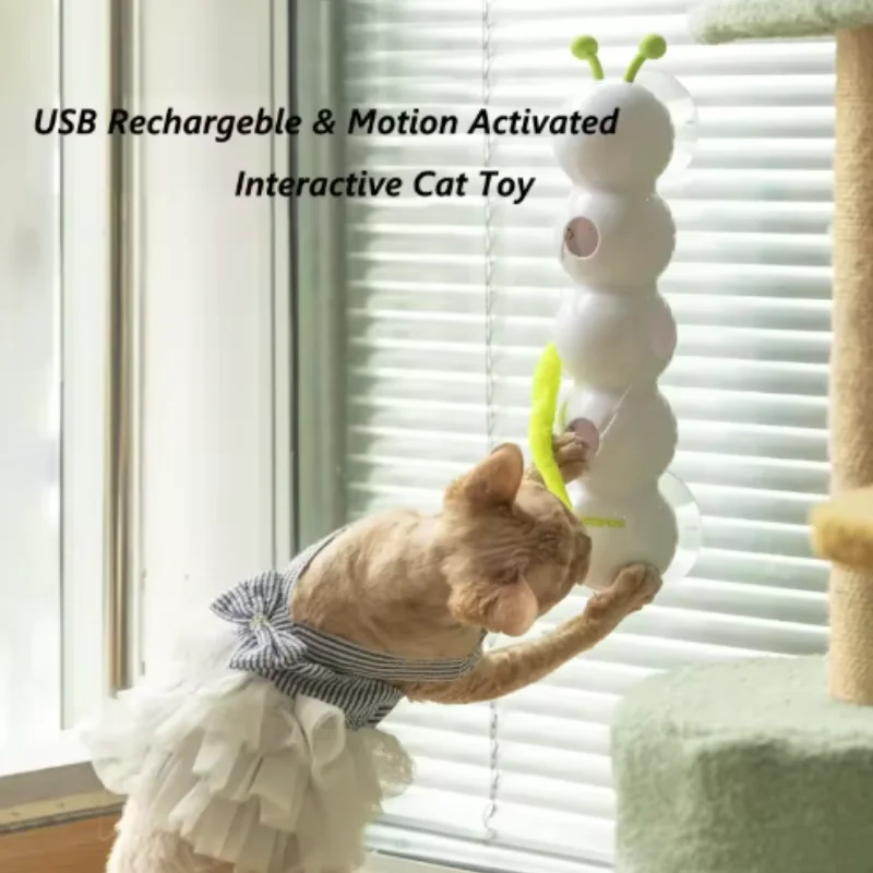 Automatic Interactive Cat Feather Toy USB Powered Fluffy Teaser Whack-a-Mole Design Suction Cup Indoor Cats Entertainment
