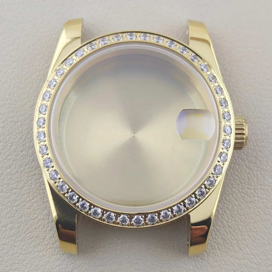 

36mm/39mm NH35 Case Gold Silvery Case Diamonds Bezel Ring Men's Stainless Steel Sapphire Glass Watchcase For NH35 NH36 Movement