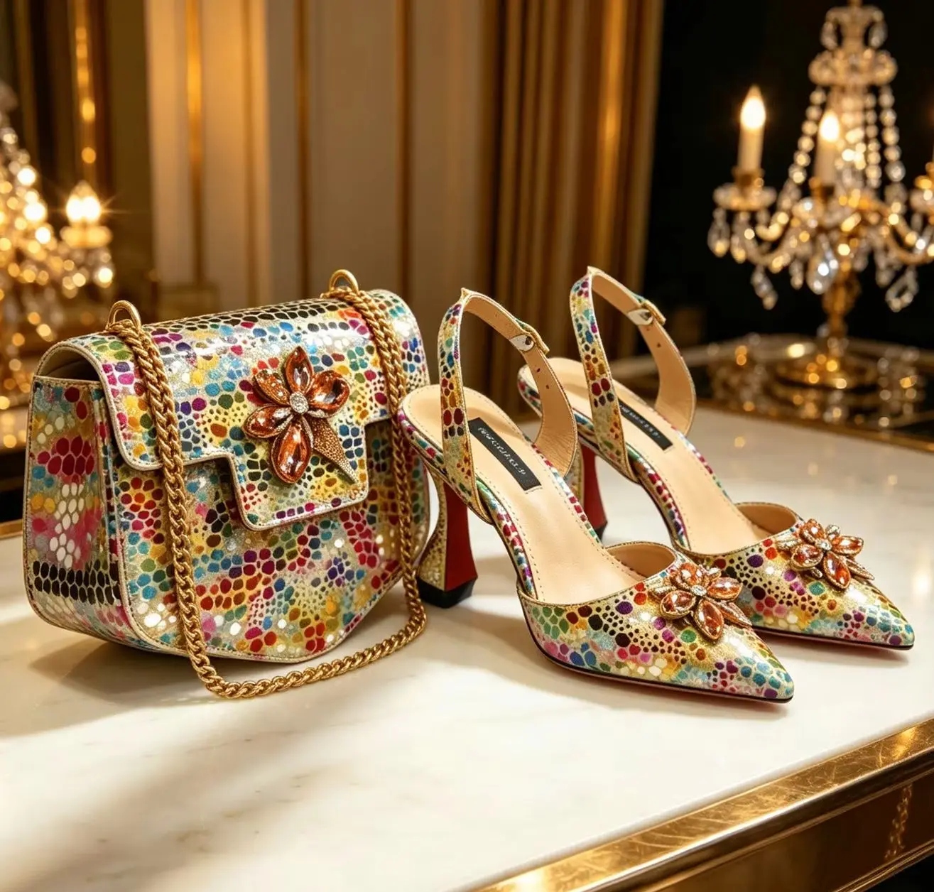 Venus Chan Elegant Rhinestone Decor Heels & Matching Handbag Set, Colorful Print Pointed Toe Block Heel Pumps, Luxury Women Dres