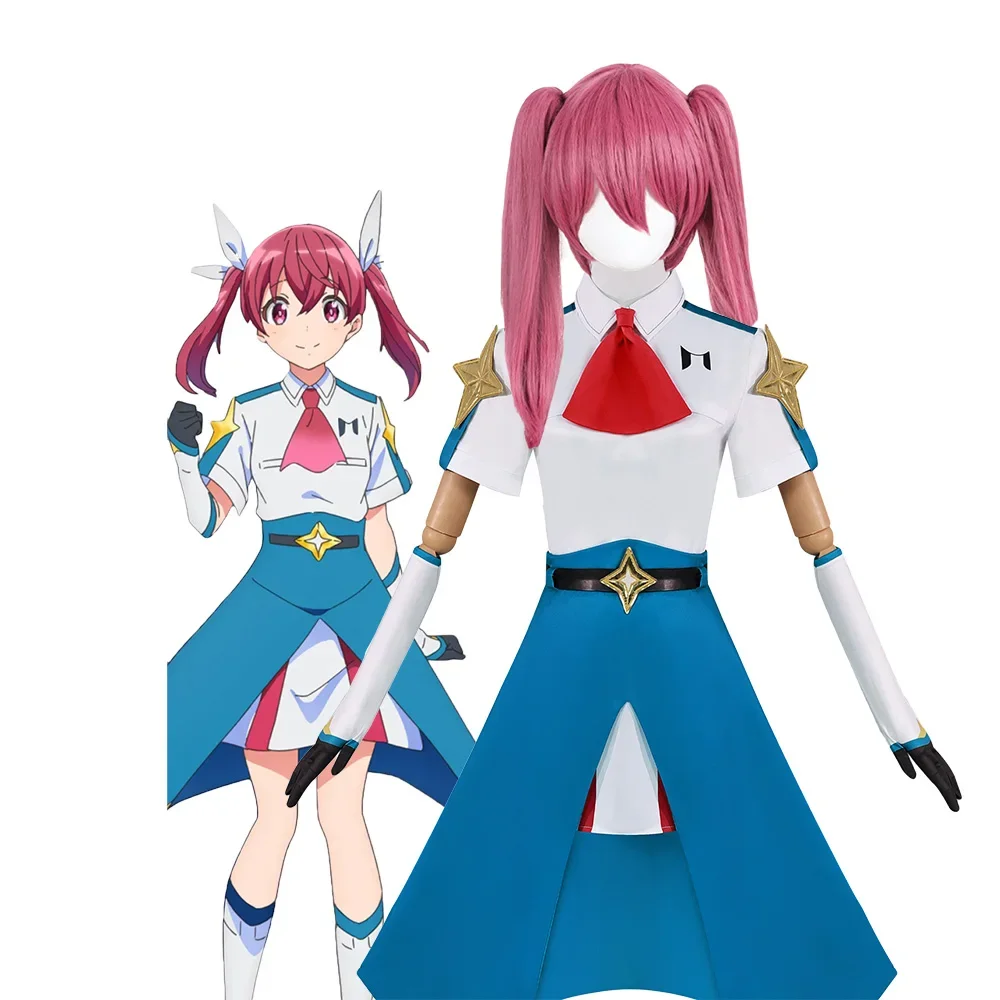 Сакураги Кана Косплей Костюм Большая Золотая Звезда на Руке Синяя Юбка Белый JK Платье Униформа Женский Красный Парик Милый Необычный Костюм Хэллоуина