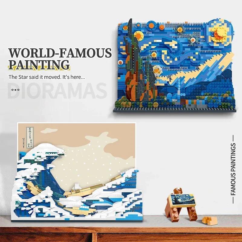 Vincent Van Gogh The Starry Night Painting Building Blocks 3D Art Assembling Microbricks Home Decorae Educational Toys Gifts