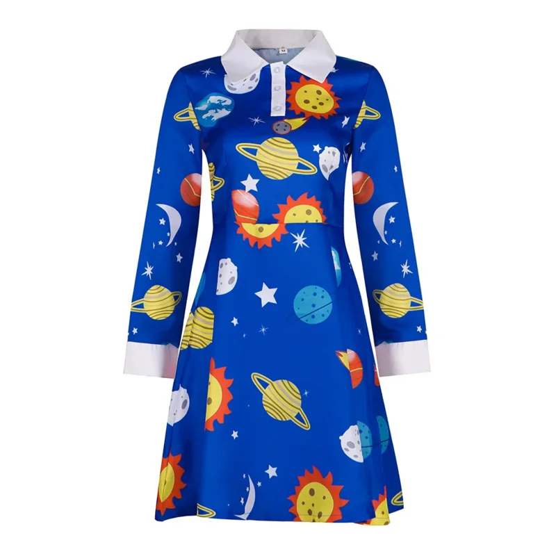 The Magic School Bus Miss Frizzle Costume Women Halloween Costumes Teacher Cosplay Outfit Vintage Blue Long Sleeve Dress goi/6