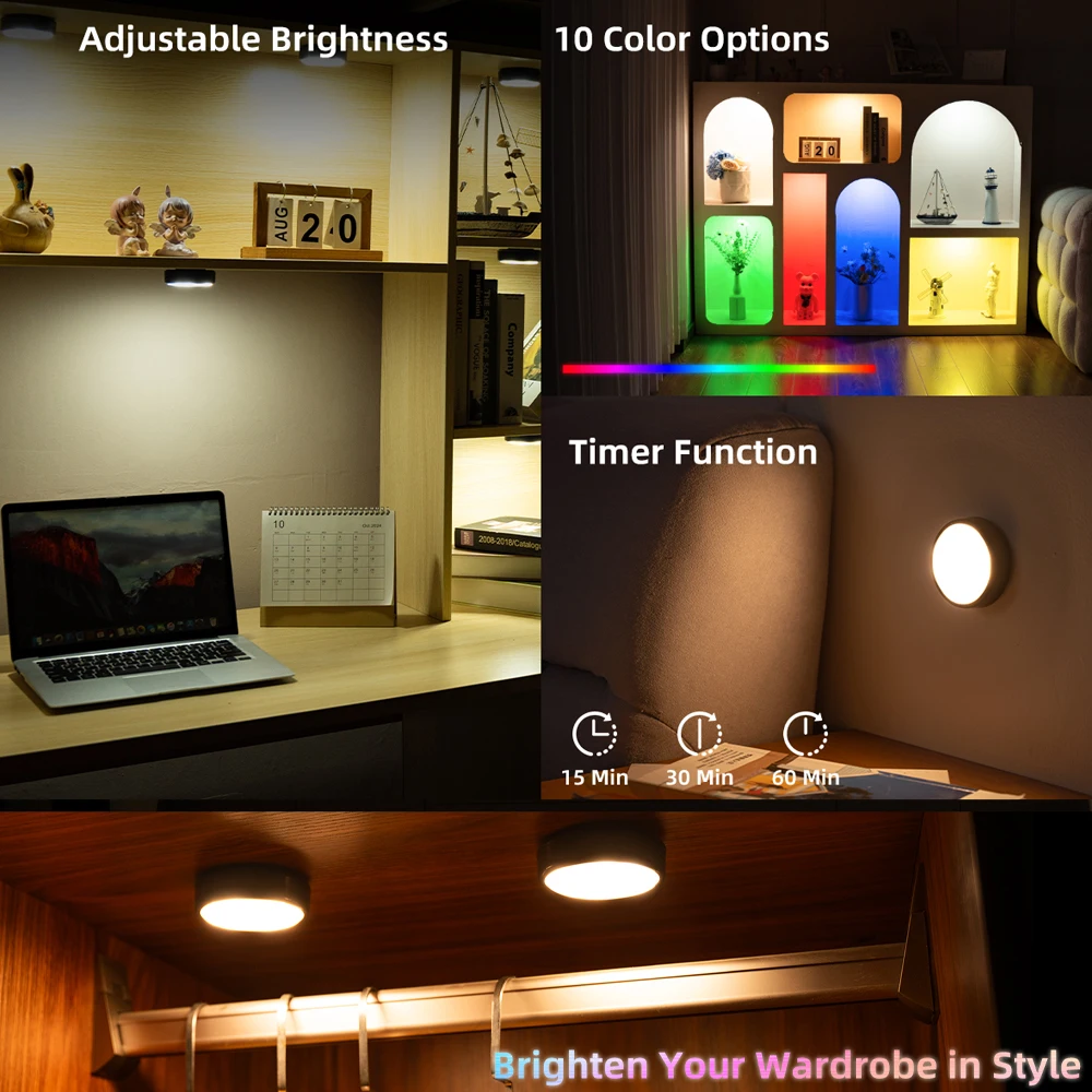 3-6 قطعة أسود RGB + CCT مصابيح LED مستديرة تحت الخزانة مصباح الخزانة الأثاث عكس الضوء خزانة عرض كتاب لمبة مكتب التحكم عن بعد