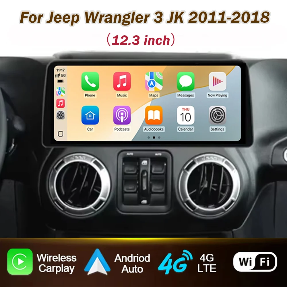 Rádio Automotivo de 12.3 polegadas para Jeep Wrangler 3 JK 2010 - 2018 LHD RHD com Carplay, Android Auto, Reprodutor Multimídia, GPS, Navegação e WIFI