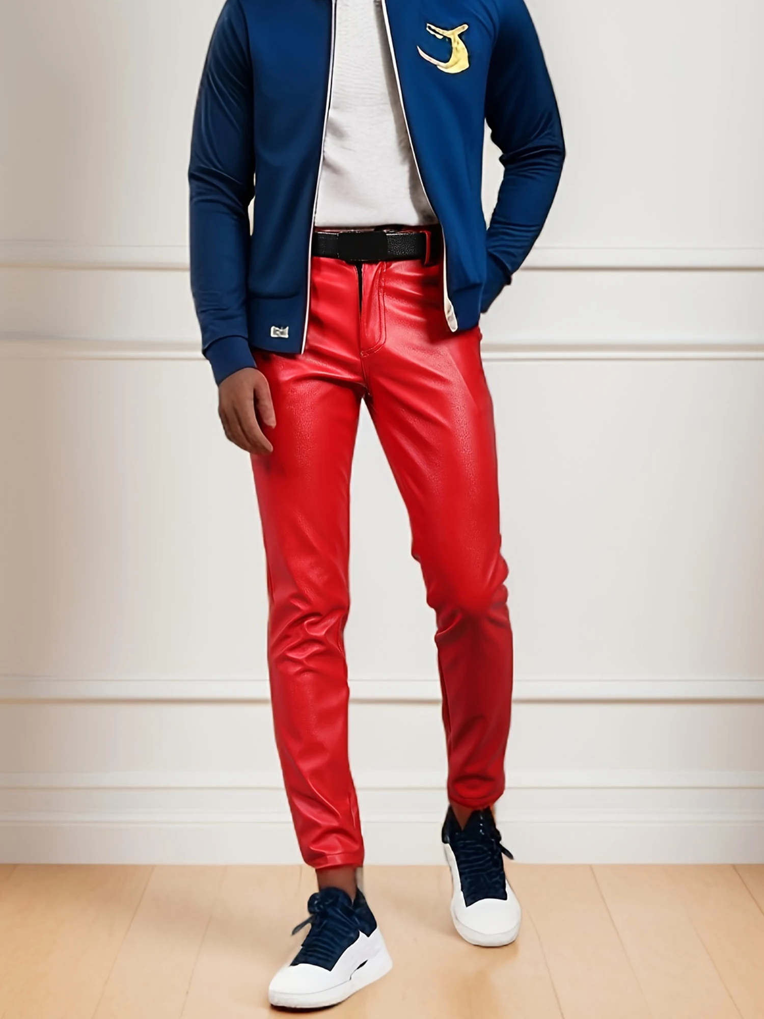 

Spring and Autumn/Winter Youth Flocking Elastic Slim Fit and Hip Lifting Fashion Dance Performance Bar Red Leather Pants